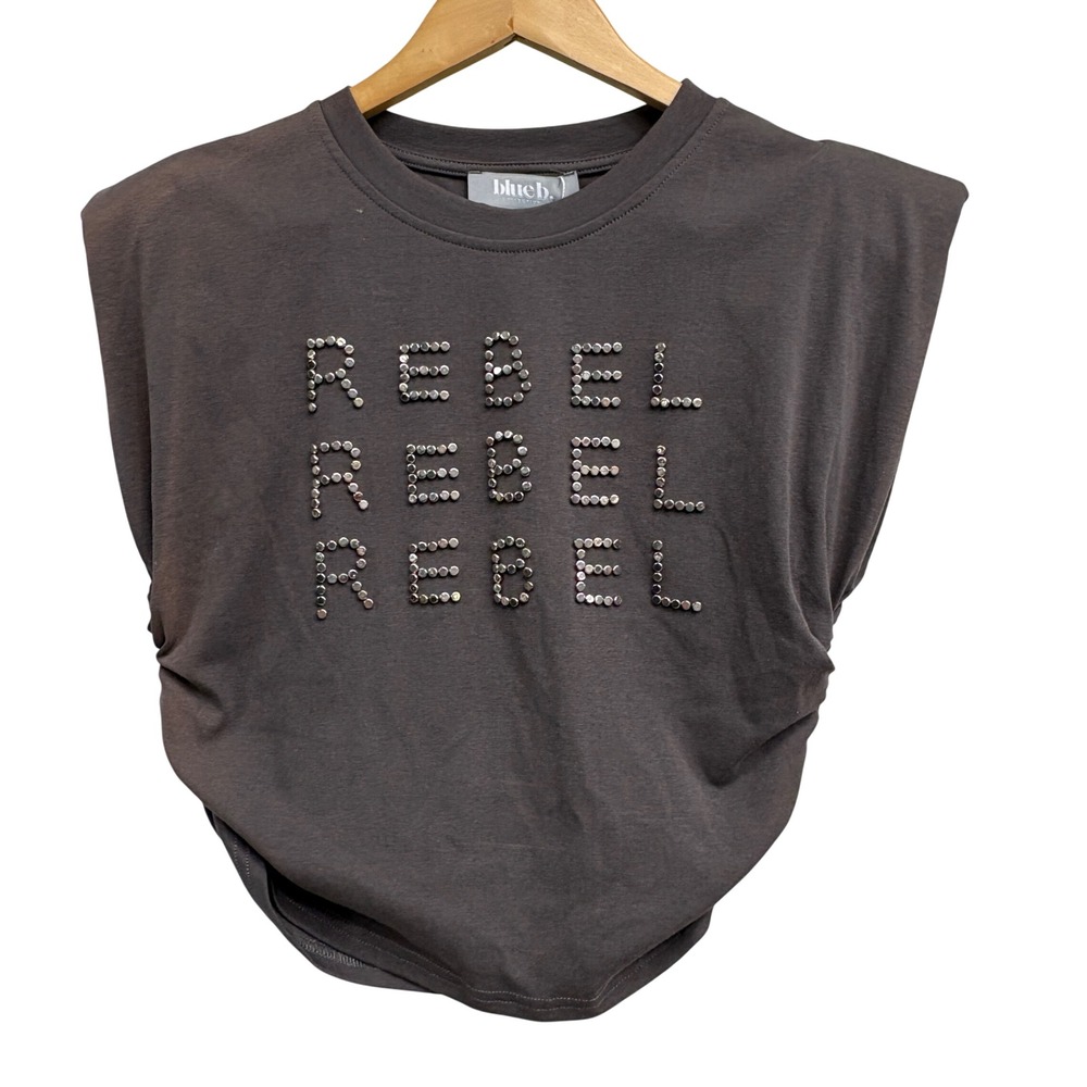 Blue B. Collection Rebel Rebel Studded‎ Padded Shoulder Muscle Tee Grey S 34301T